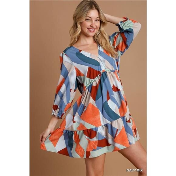 ✨NWT Umgee Abstract V-Neck Tiered Printed Dress - Picture 2 of 5